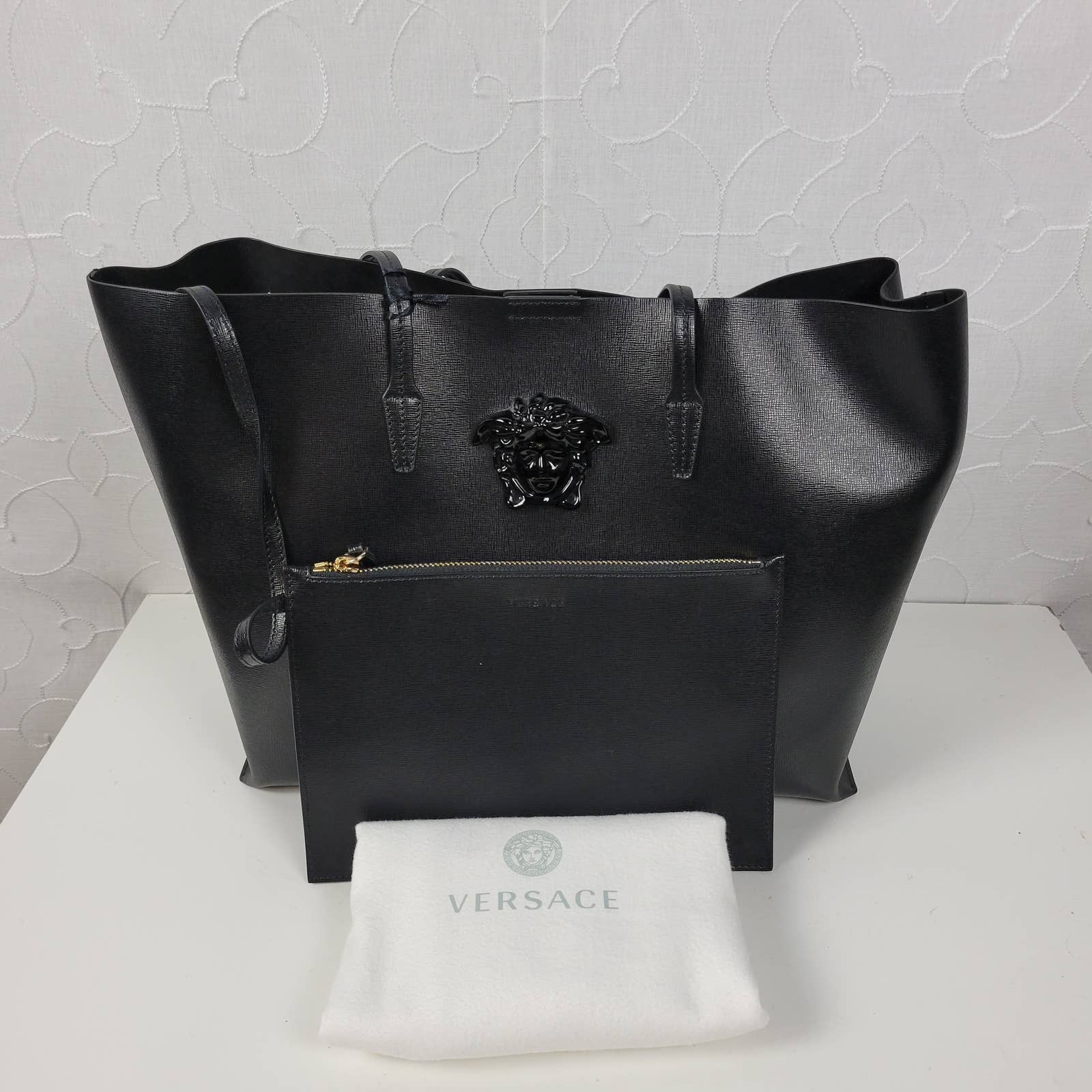 Versace Saffiano Palazzo Medusa Women Tote Black Leather Shopper Bag W/Purse New